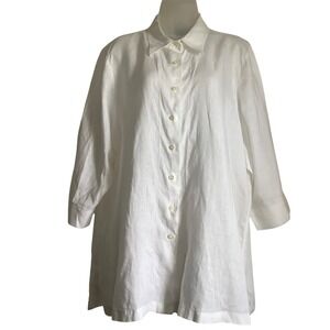 Lands End White 100% Linen Button Down Tunic Shirt 1X 16W-18W‎ 3/4 Sleeve Top